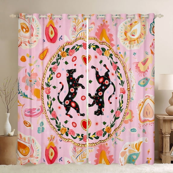Feelyou Leopard Black Out Curtains, Pink Boho Flower Leaf Curtains Pack of 2 (42x63 Each)