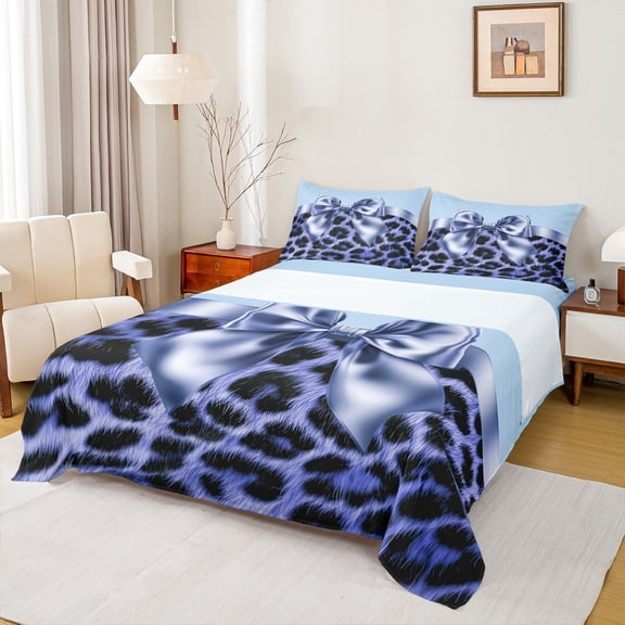 Feelyou Leopard Cheetah Print Bed Sheets, Princess Blue Bowknot King Sheets, 4-Piece