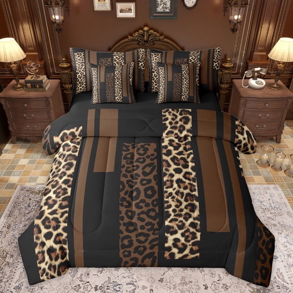 Feelyou Leopard Cheetah Print Bedding Comforter Set 7 Pieces, Modern Fashion Brown Full Bedding Set, Teens Adult Women Men Reversible Fitted Sheet Flat Sheet, Microfiber Bedroom Decor