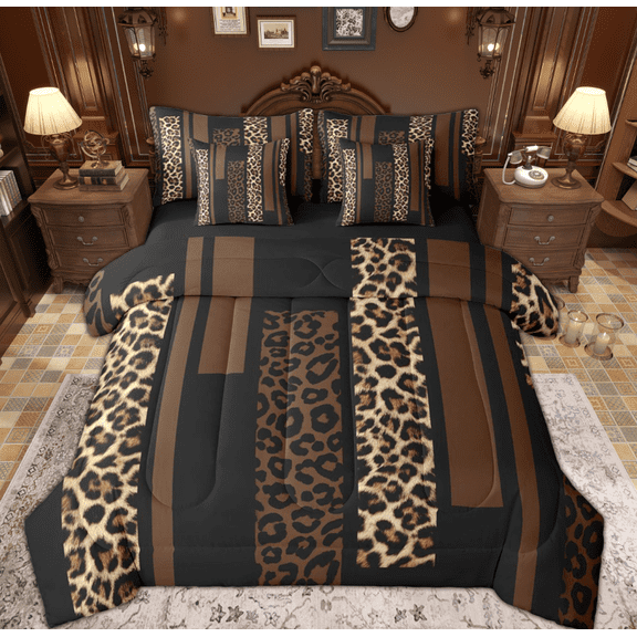 Feelyou Leopard Cheetah Print Bedding Comforter Set 7 Pieces, Modern Fashion Brown Full Bedding Set, Teens Adult Women Men Reversible Fitted Sheet Flat Sheet, Microfiber Bedroom Decor