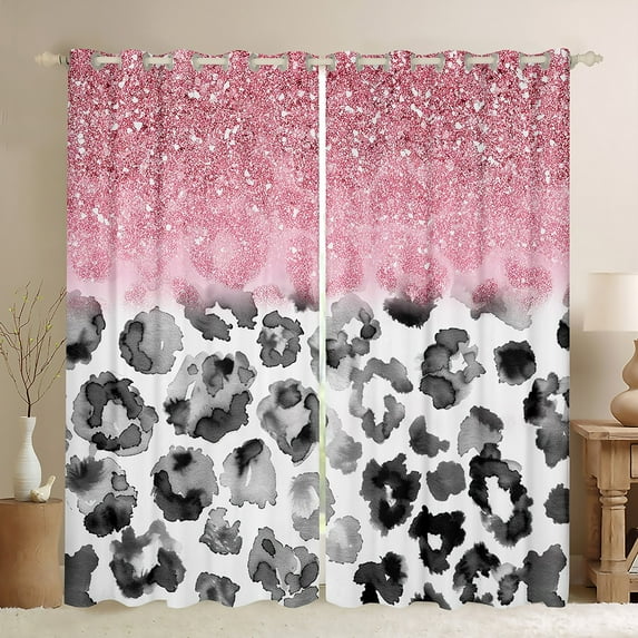 Feelyou Leopard Cheetah Print Blackout Curtains Set of 2 (52x84 Each), Grey Pink Glitter Window Curtains, Fashion Watercolor Curtains and Drapes, Curtains and Drapes Room Decor