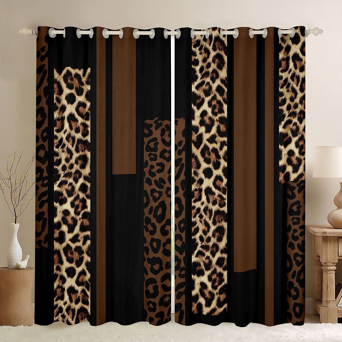 Feelyou Leopard Cheetah Print Blackout Curtains Set of 2 (52x84 Each), Modern Fashion Brown Window Curtains, Teens Adult Women Men Curtains and Drapes, Window Curtains Bedroom Decor