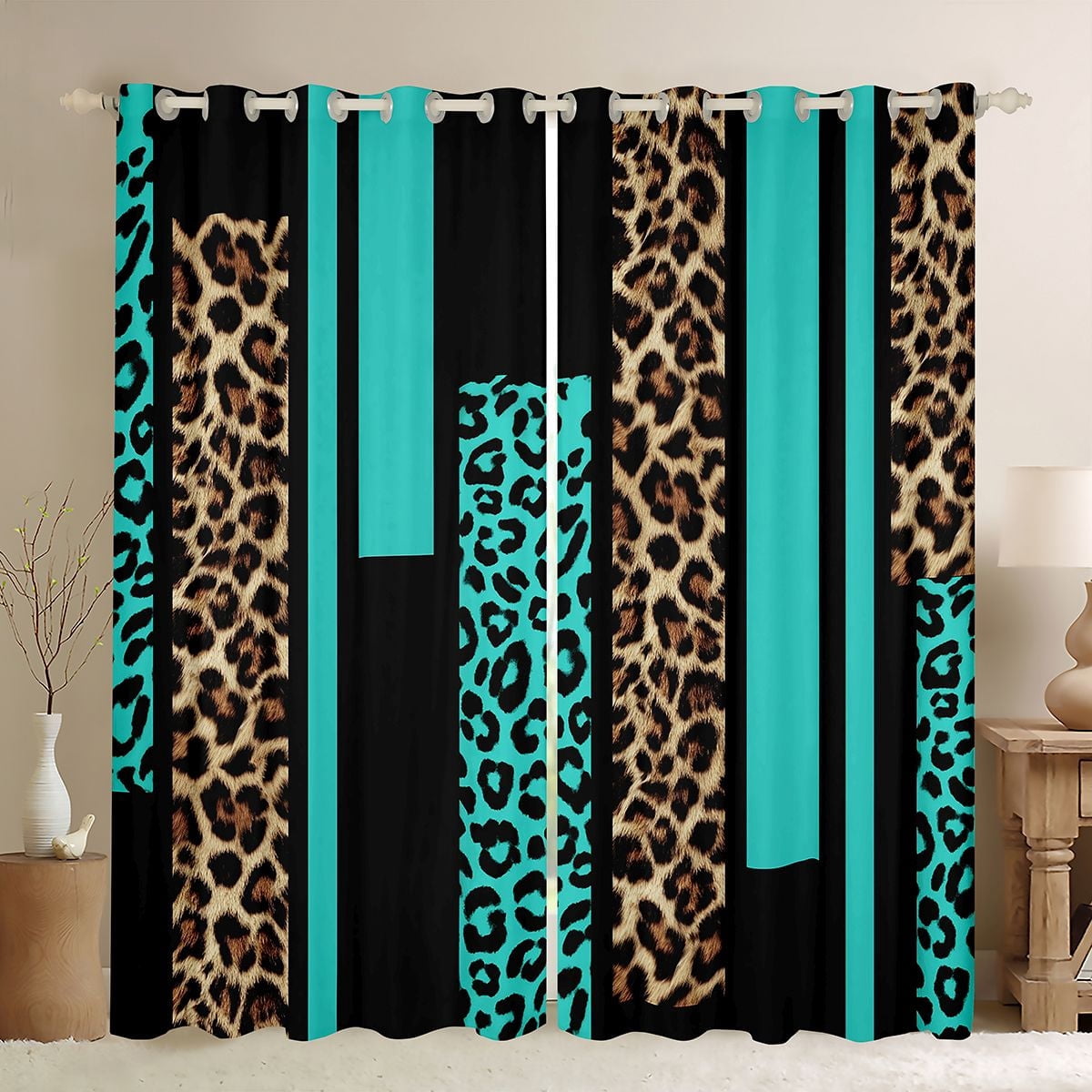 Feelyou Leopard Cheetah Print Curtains Pack of 2 (42x84 Each), Modern Fashion Cyan Curtains Blackout, Teens Adult Women Men Bedroom Curtains, Blackout Curtains Room Decor