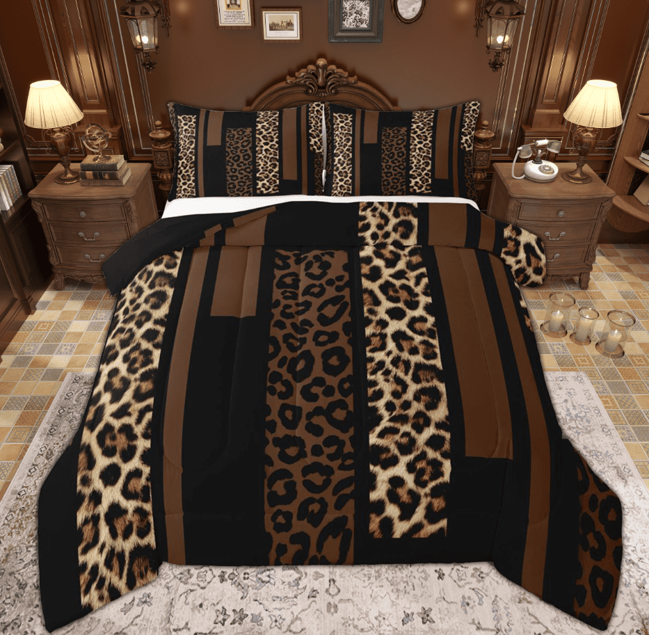 Feelyou Leopard Cheetah Print Queen Comforter Set, Modern Fashion Brown Bedding Sets, Teens Adult Women Men Reversible Bedding Comforter Set, Microfiber Bedroom Decor, 3pcs