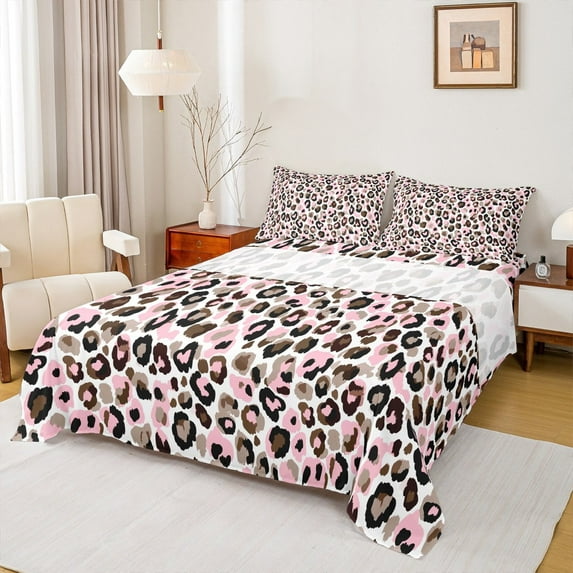 Feelyou Leopard Cheetah Print Twin Sheet Sets, Black Pink Twin Fitted Sheet, Modern Fashion Dots Flat Sheet, Lightweight Room Decor, 3 Pieces