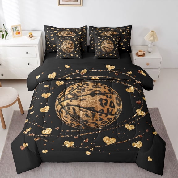 Feelyou Leopard Print Basketball Twin Bedding Sets 7pcs, Love Heart Bedding Comforter Set
