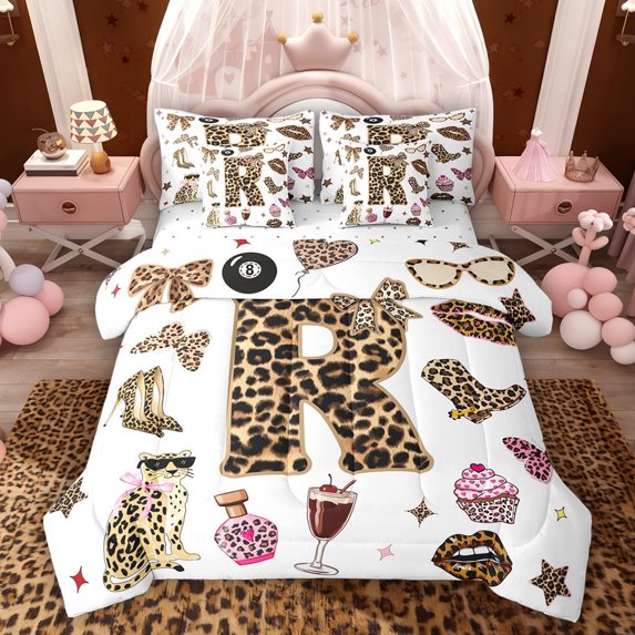Feelyou Leopard Print Bedding Comforter Set 7pcs, Cheetah Monogrammed R Queen Bedding Sets