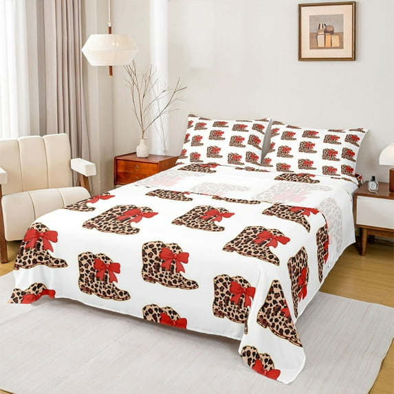 Feelyou Leopard Print Boot Twin Sheet Sets, Princess Bowknot Bedding, 3pcs