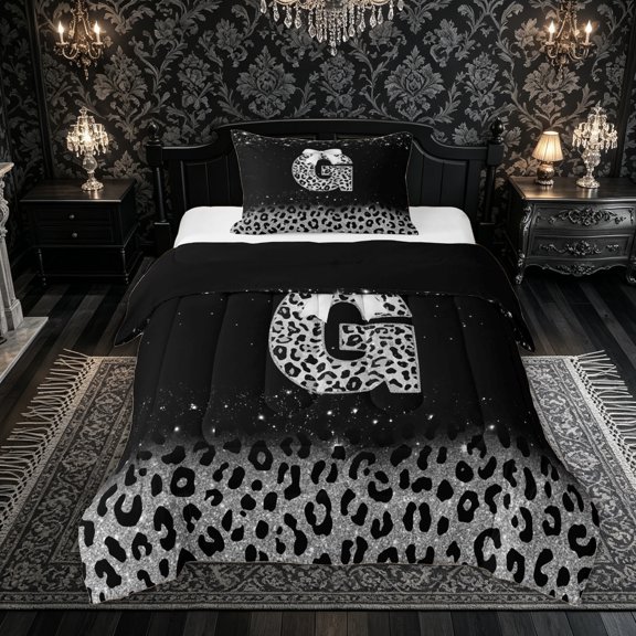 Feelyou Leopard Print Bow G Initial Twin Comforter Sets for Women, Sparkly Glitter Monogram Bedding Set, Black Silver, Black Reversible, 2 Pieces