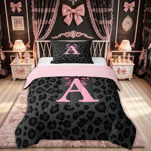Feelyou Leopard Print Bow A Initial Twin Comforter Sets for Kids Girls, Cheetah Pattern Letter 02, Pink Reversible, 2-Piece, 1 Comforter and 1 Pillowcase