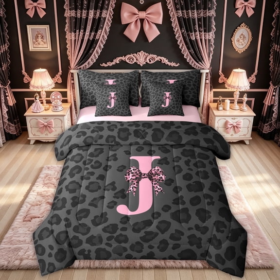 Feelyou Leopard Print Bow Letter J Initial Twin Bedding for Girls, Black Animal Print Bedding Comforter Set, Pink Reversible, 7 Pieces