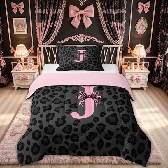 Feelyou Leopard Print Bow Letter J Initial Twin Comforter Sets for Girls, Black Animal Print 02, Pink Reversible, 2 Pieces, 1 Comforter and 1 Pillowcase
