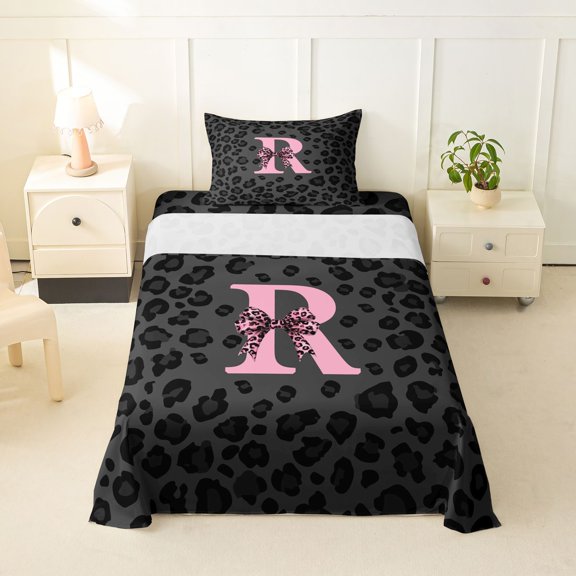 Feelyou Leopard Print Bow R Initial Twin Sheets for Women Girls, Cheetah Polkadot Bedding, Black Pink, 3 Pieces, 1 Flat Sheet, 1 Fitted Sheet and 1 Pillowcase