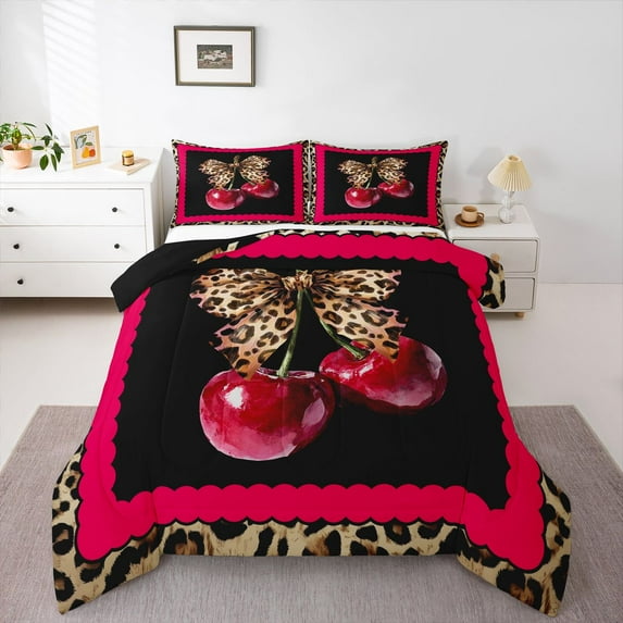 Feelyou Leopard Print Bow-tie Twin Comforter Sets, Cartoon Red Cherry Bedding Set, 2-Piece