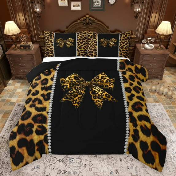 Feelyou Leopard Print Bowknot Bedding Comforter Set, Brown Cheetah Polkadots Twin Comforter Sets, Teens Kids Boys Girls Reversible Bedding Set, Ultra Soft Bedroom Decor, 2 Pieces