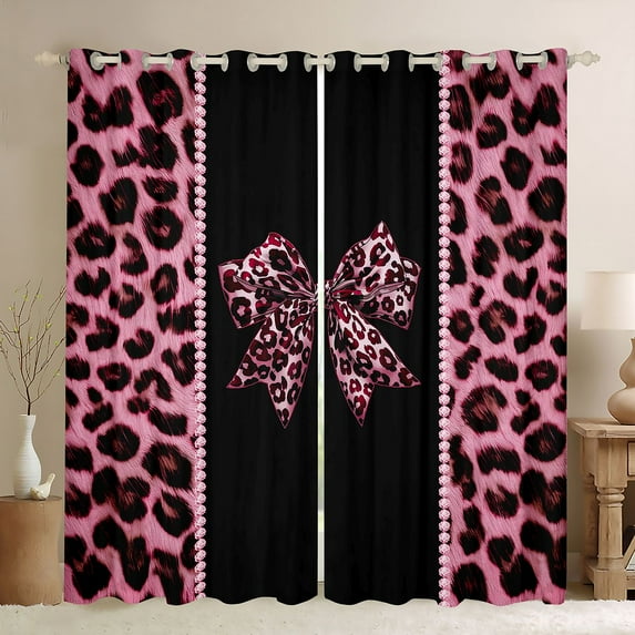 Feelyou Leopard Print Bowknot Black Out Curtains, Kawaii Pink Cheetah Polkadots Curtains Pack of 2 (42x63 Each), Teens Kids Boys Girls Bedroom Curtains, Curtains and Drapes Decor