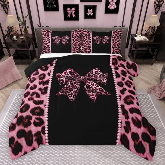 Feelyou Leopard Print Bowknot Full Size Comforter Sets, Kawaii Pink Cheetah Polkadots Bedding Comforter Set, Teens Kids Boys Girls Reversible Bedding Sets, Luxury Bedroom Decor, 3 Pieces
