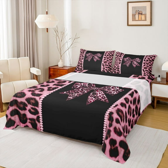 Feelyou Leopard Print Bowknot Full Size Sheets, Kawaii Pink Cheetah Polkadots Bed Sheets, Teens Kids Boys Girls Sheet Sets, Luxury Bedroom Decor, 4 Pieces