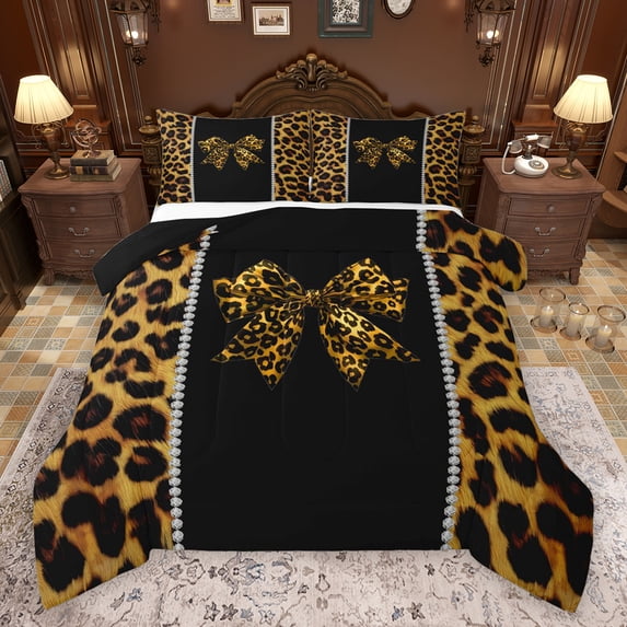 Feelyou Leopard Print Bowknot Queen Comforter Set, Brown Cheetah Polkadots Bedding Sets, Teens Kids Boys Girls Reversible Bedding Comforter Set, Ultra Soft Bedroom Decor, 3 Pieces