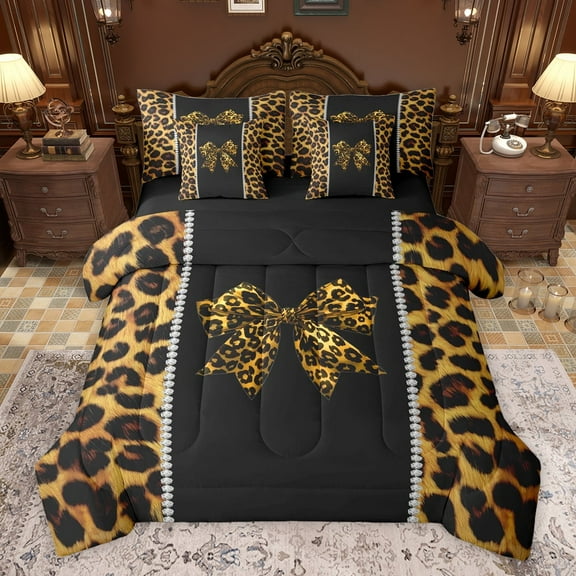 Feelyou Leopard Print Bowknot Twin Bedding Sets 7-Piece, Brown Cheetah Polkadots Bedding Comforter Set, Teens Kids Boys Girls Reversible Sheet Sets, Ultra Soft Bedroom Decor