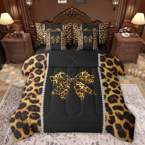 Feelyou Leopard Print Bowknot Twin Bedding Sets 7-Piece, Brown Cheetah Polkadots Bedding Comforter Set, Teens Kids Boys Girls Reversible Sheet Sets, Ultra Soft Bedroom Decor