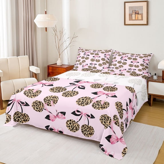 Feelyou Leopard Print Cherry Bed Sheets, Kawaii Pink Bowknot King Sheets, 4 Pieces