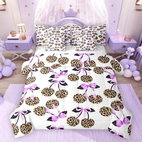 Feelyou Leopard Print Cherry Bedding Comforter Set 7pcs, Purple Bowknot Queen Bedding Sets