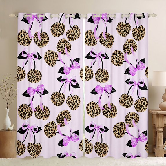 Feelyou Leopard Print Cherry Black Out Curtains, Purple BowCurtains Pack of 2 (42x63 Each)
