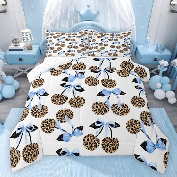 Feelyou Leopard Print Cherry Queen Comforter Set, Fashion Blue Bowknot Bedding Set, 3pcs