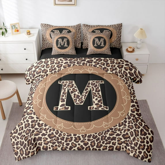 Feelyou Leopard Print Comforter Set 7pcs, Fashion Initial M Letter King Bedding Sets