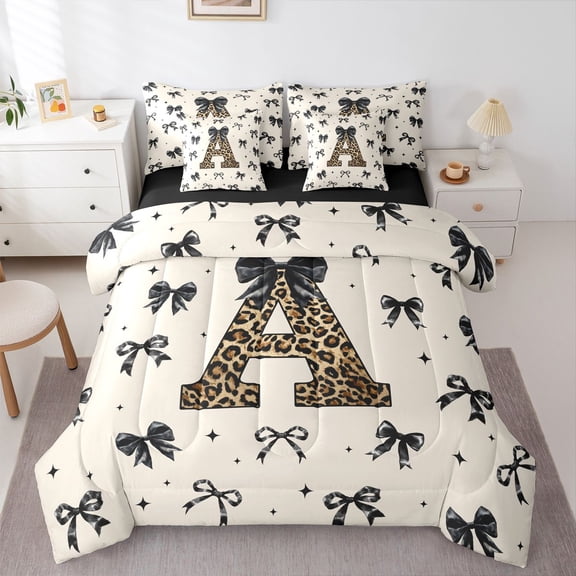 Feelyou Leopard Print Initial A Twin Bedding Sets 7pcs, Black Bowknot Comforter Set