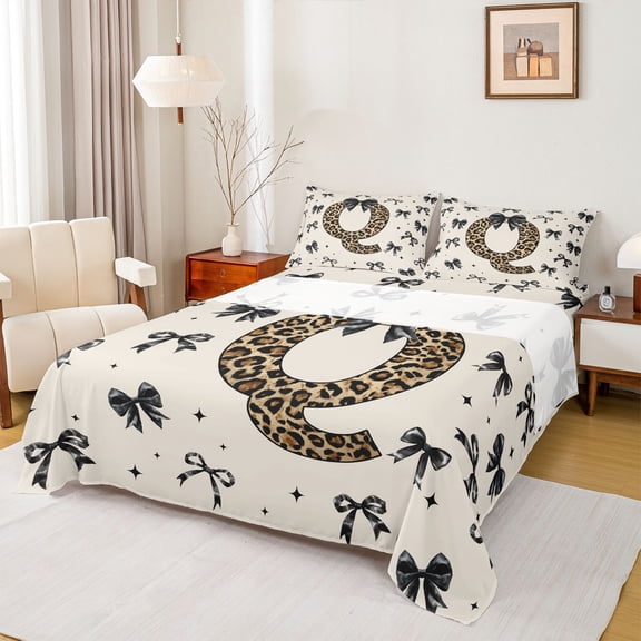 Feelyou Leopard Print Initial Q Bed Sheets, Black Bowknot King Sheets, 4pcs