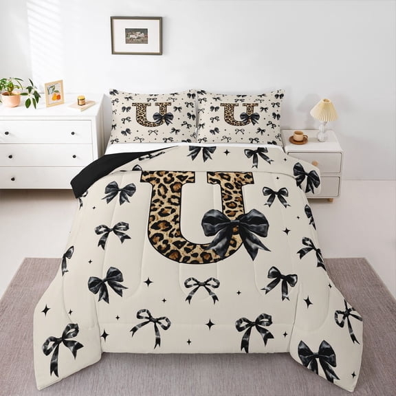 Feelyou Leopard Print Initial U Queen Comforter Set, Black Bowknot Bedding Set, 3pcs