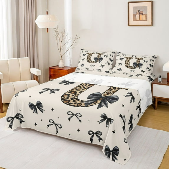 Feelyou Leopard Print Initial U Twin Sheet Sets, Black Bowknot Bedding, 3-Piece