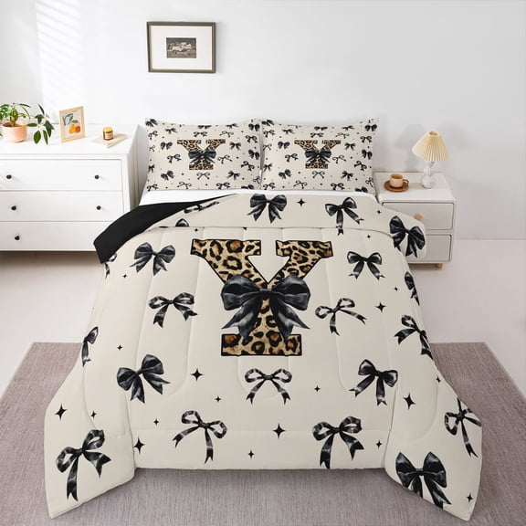 Feelyou Leopard Print Initial Y Twin Comforter Sets, Black Bowknot Bedding Set, 2 Pieces