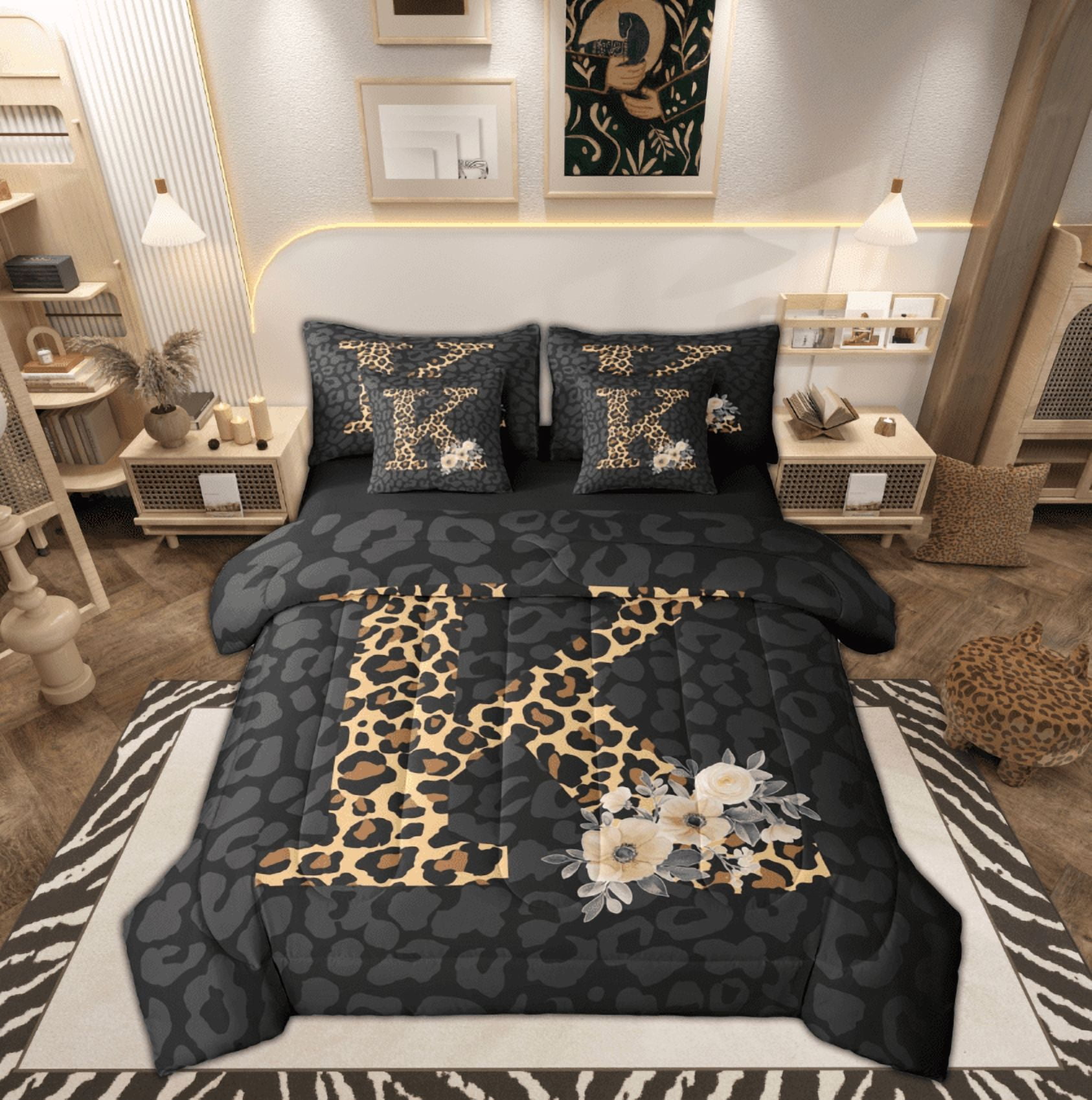 Feelyou Leopard Print K Bedding Comforter Set 7pcs, Fashion Monogrammed ...