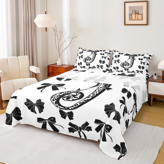 Feelyou Leopard Print Letter Bed Sheets, Fashion Bowknot Monogrammed J King Sheets, Cool Girl Ribbon Sheet Set, Luxury Bedroom Decor, 4-Piece