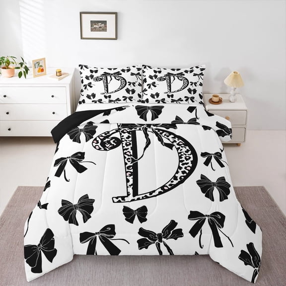 Feelyou Leopard Print Letter Bedding Comforter Set, Fashion Bowknot Monogrammed D Twin Comforter Sets, Cool Girl Ribbon Reversible Bedding Set, Luxury Bedroom Decor, 2-Piece
