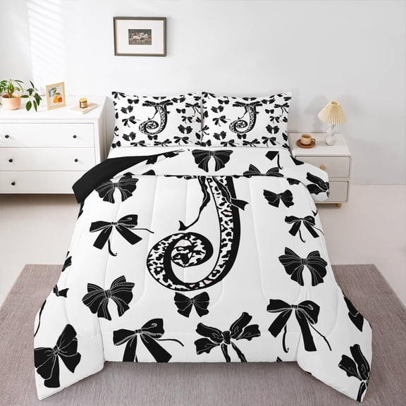 Feelyou Leopard Print Letter Bedding Comforter Set, Fashion Bowknot Monogrammed J Twin Comforter Sets, Cool Girl Ribbon Reversible Bedding Set, Luxury Bedroom Decor, 2-Piece