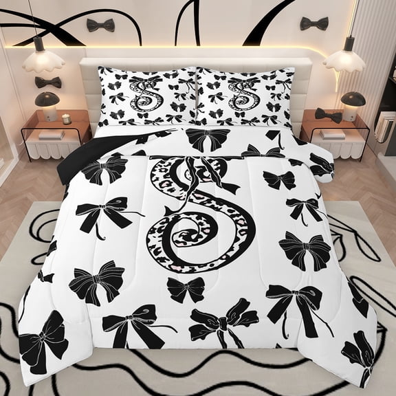 Feelyou Leopard Print Letter Bedding Comforter Set, Fashion Bowknot Monogrammed S Twin Comforter Sets, Cool Girl Ribbon Reversible Bedding Set, Ultra Soft Bedroom Decor, 2-Piece