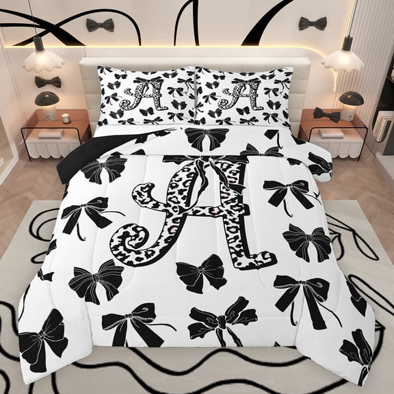 Feelyou Leopard Print Letter Bedding Comforter Set, Fashion Bowknot Monogrammed A Twin Comforter Sets, Cool Girl Ribbon Reversible Bedding Set, Ultra Soft Bedroom Decor, 2-Piece