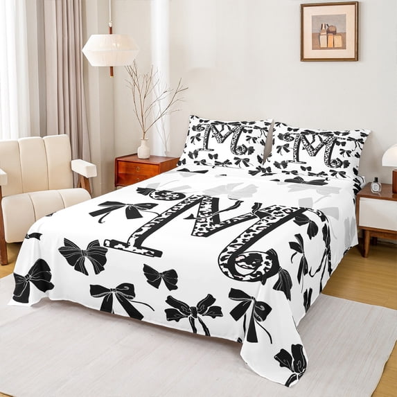 Feelyou Leopard Print Letter Full Size Sheets, Fashion Bowknot Monogrammed M Bed Sheets, Cool Girl Ribbon Sheet Sets, Ultra Soft Bedroom Decor, 4-Piece