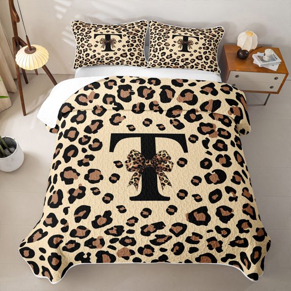 Feelyou Leopard Print Letter T Twin Quilt Set for Girls, Beige Black Cheetah Bow Twin Coverlet Set, 2pcs
