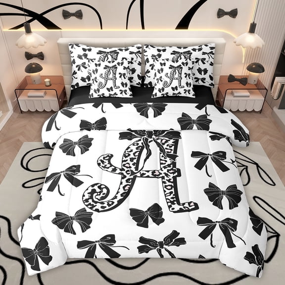 Feelyou Leopard Print Letter Twin Bedding Sets 7-Piece, Fashion Bowknot Monogrammed A Bedding Comforter Set, Cool Girl Ribbon Reversible Sheet Sets, Ultra Soft Bedroom Decor