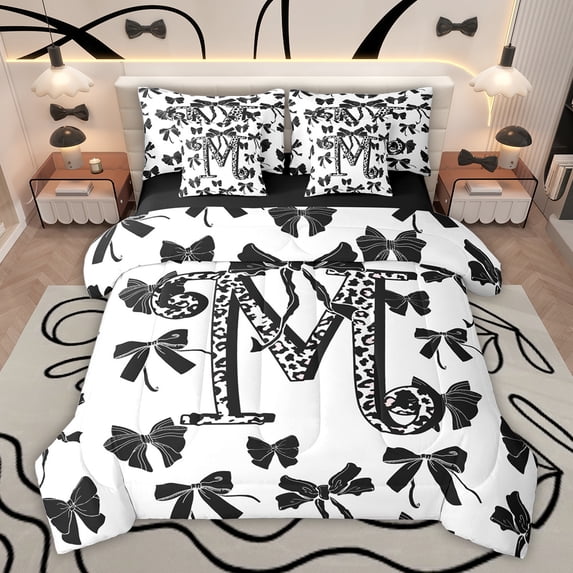 Feelyou Leopard Print Letter Twin Bedding Sets 7-Piece, Fashion Bowknot Monogrammed M Bedding Comforter Set, Cool Girl Ribbon Reversible Sheet Sets, Ultra Soft Bedroom Decor