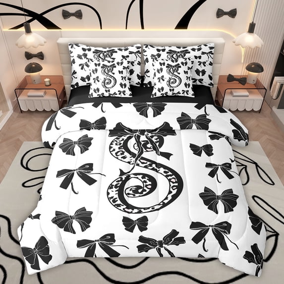 Feelyou Leopard Print Letter Twin Bedding Sets 7-Piece, Fashion Bowknot Monogrammed S Bedding Comforter Set, Cool Girl Ribbon Reversible Sheet Sets, Ultra Soft Bedroom Decor