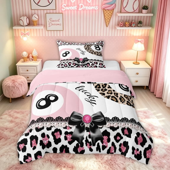 Feelyou Leopard Print Lucky 8 Billiards Twin Comforter Sets for Girls, Fashion Bow Pearl Bedding Set, Pink Reversible, 2-Piece, 1 Comforter and 1 Pillowcase
