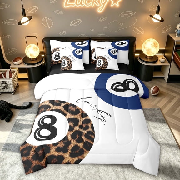 Feelyou Leopard Print Lucky 8 Twin Bedding for Kids, Pool Ball Bedding Comforter Set, White, Black Reversible, 7 Pieces