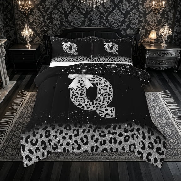 Feelyou Leopard Print Print Letter Queen Comforter Set for Women, Glitter Initial Bedding Comforter Set for Home, Black Silver, Black Reversible, 3pcs