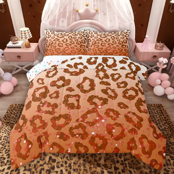 Feelyou Leopard Print Queen Comforter Set, Orange Sequin Print Bedding Comforter Set, 3pcs